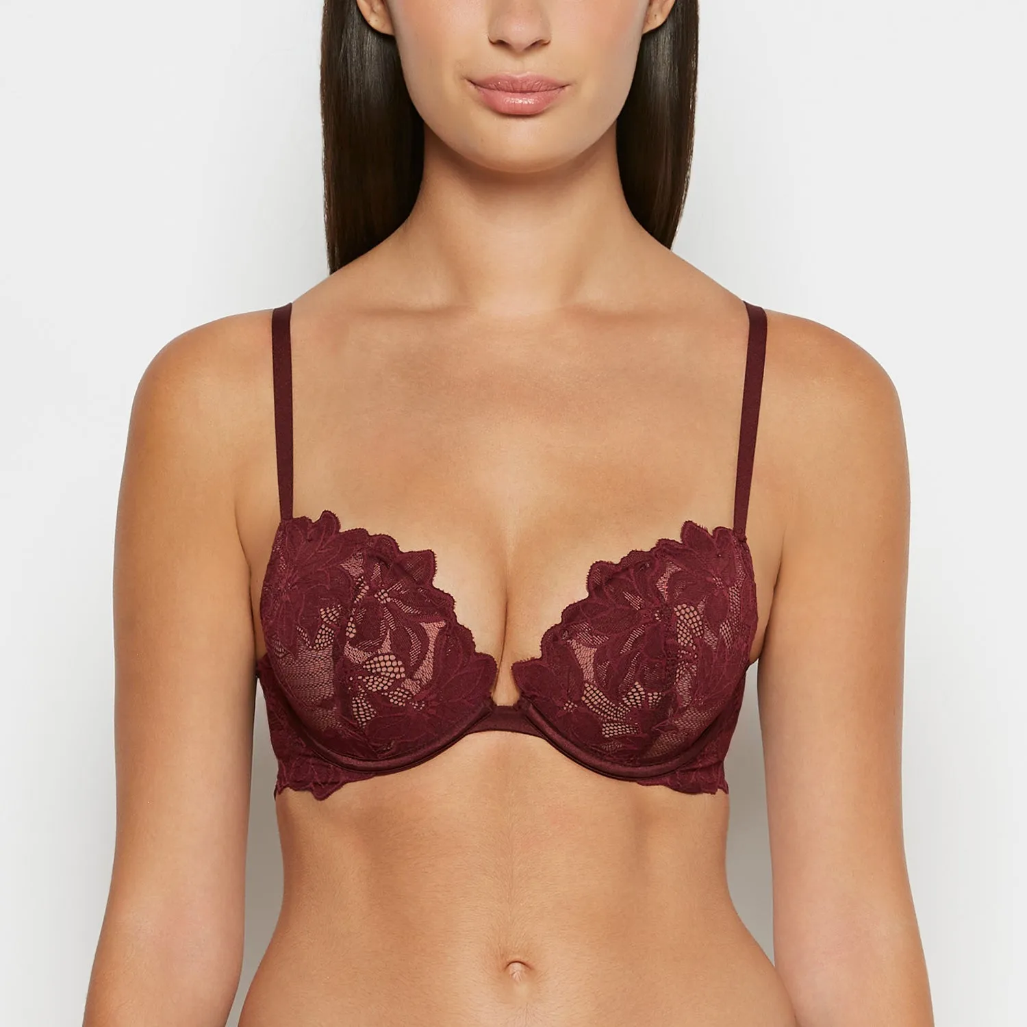 Push up bra with all over Reverie Lace in Russian Ruby sold by INTERMIX