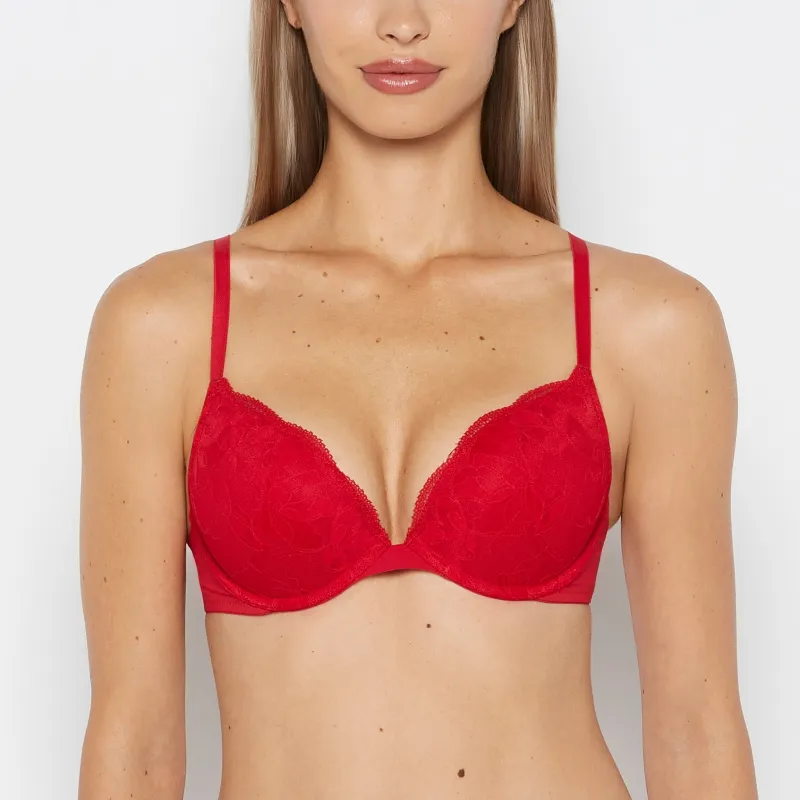 Charmed Push Up Plunge Lace Cup Bra in Crimson made by INTERMIX