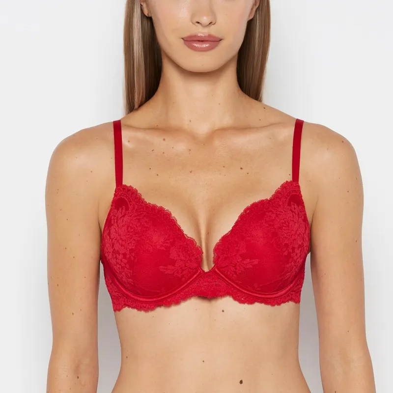 Plunge Opulent Lace Bra with Lace Cradle in Crimson made by INTERMIX