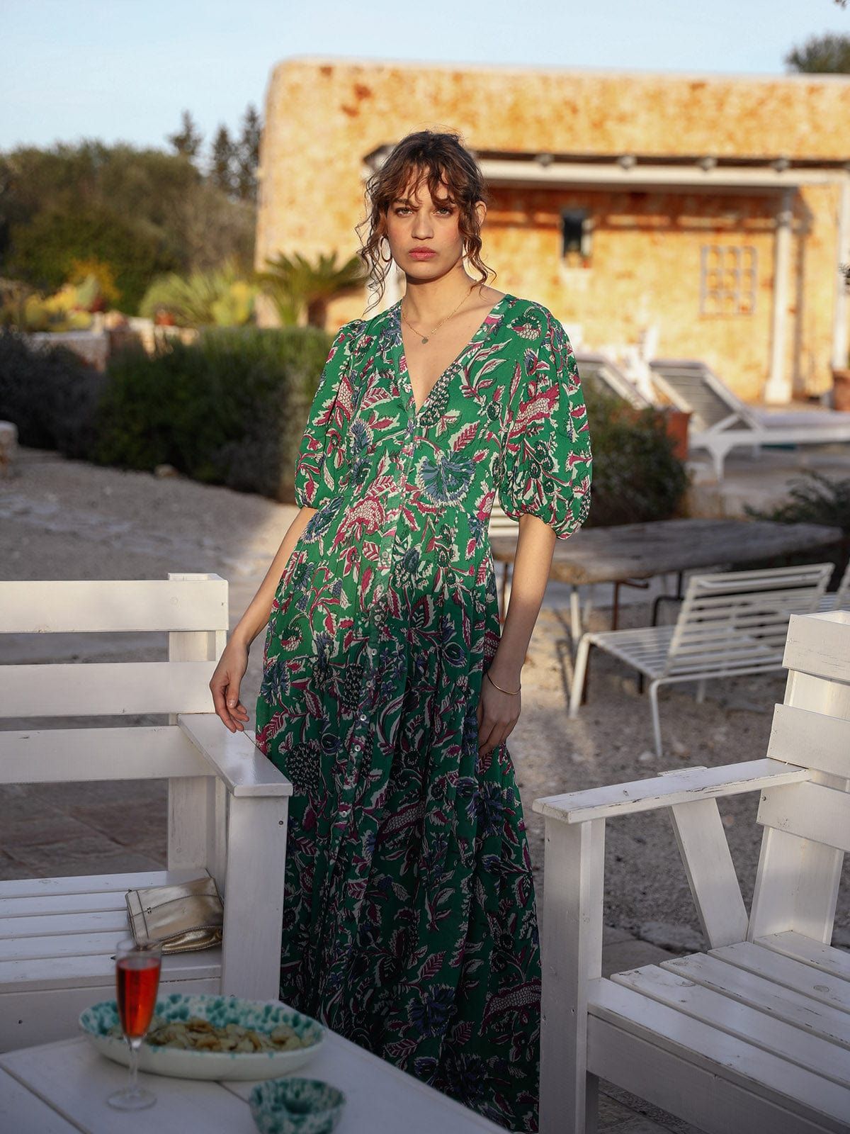 Erena V Neck Maxi Dress Emerald sold by iris