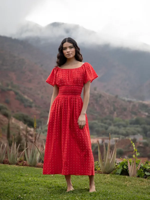 Rakeb Smocked Waist Dress - Red made by iris