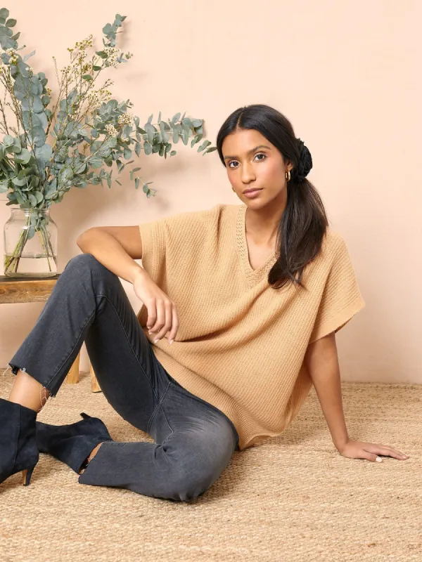 Dalia V Neck Sleeveless Jumper – Camel made by iris