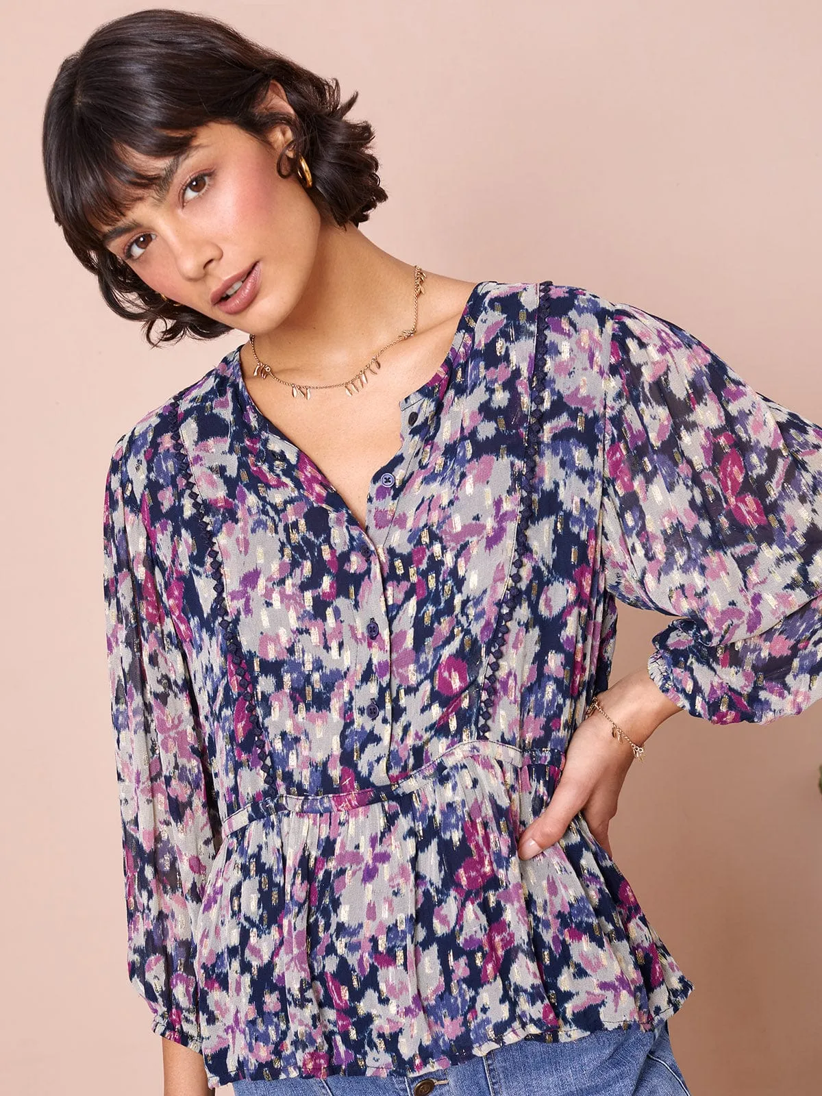 Jessie Floral-Print Metallic-Thread Georgette Blouse sold by iris product image thumbnail 3