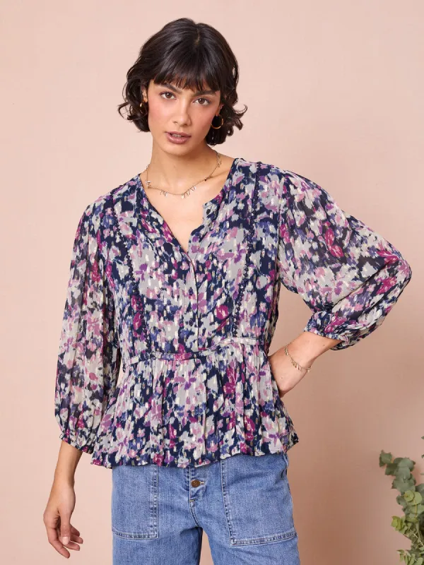 Jessie Floral-Print Metallic-Thread Georgette Blouse sold by iris