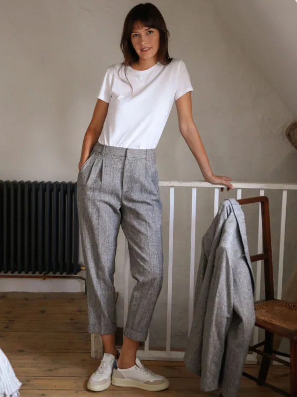 Sutton Tapered Check Trouser- Grey made by iris