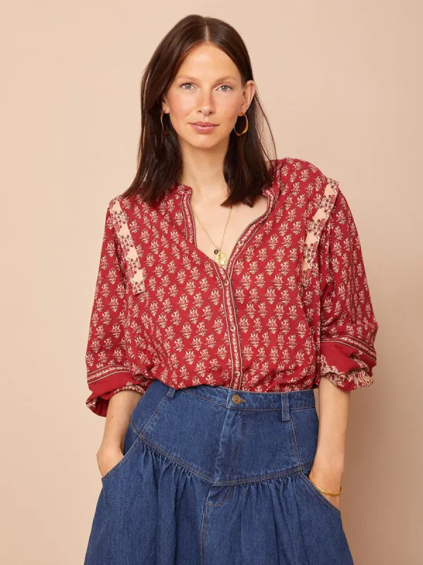 Rhea Button Front Blouse- Moroccan Border Print Red made by iris