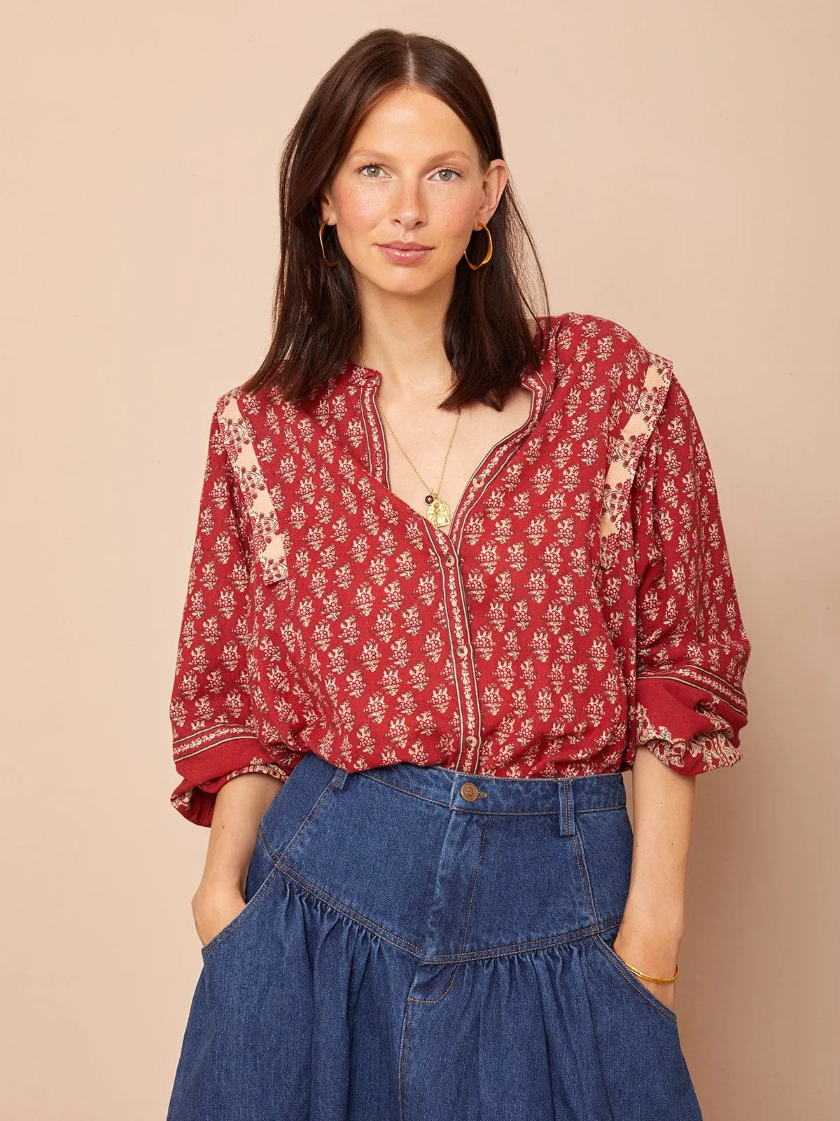 Rhea Button Front Blouse- Moroccan Border Print Red sold by iris