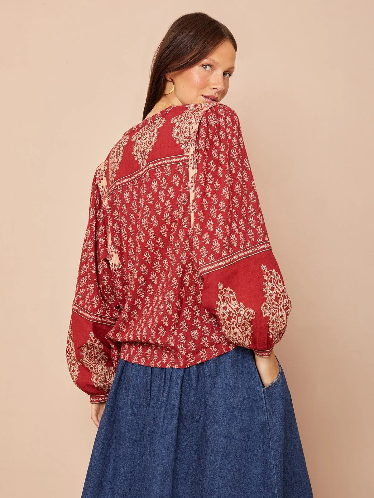 Rhea Button Front Blouse- Moroccan Border Print Red sold by iris product image thumbnail 2