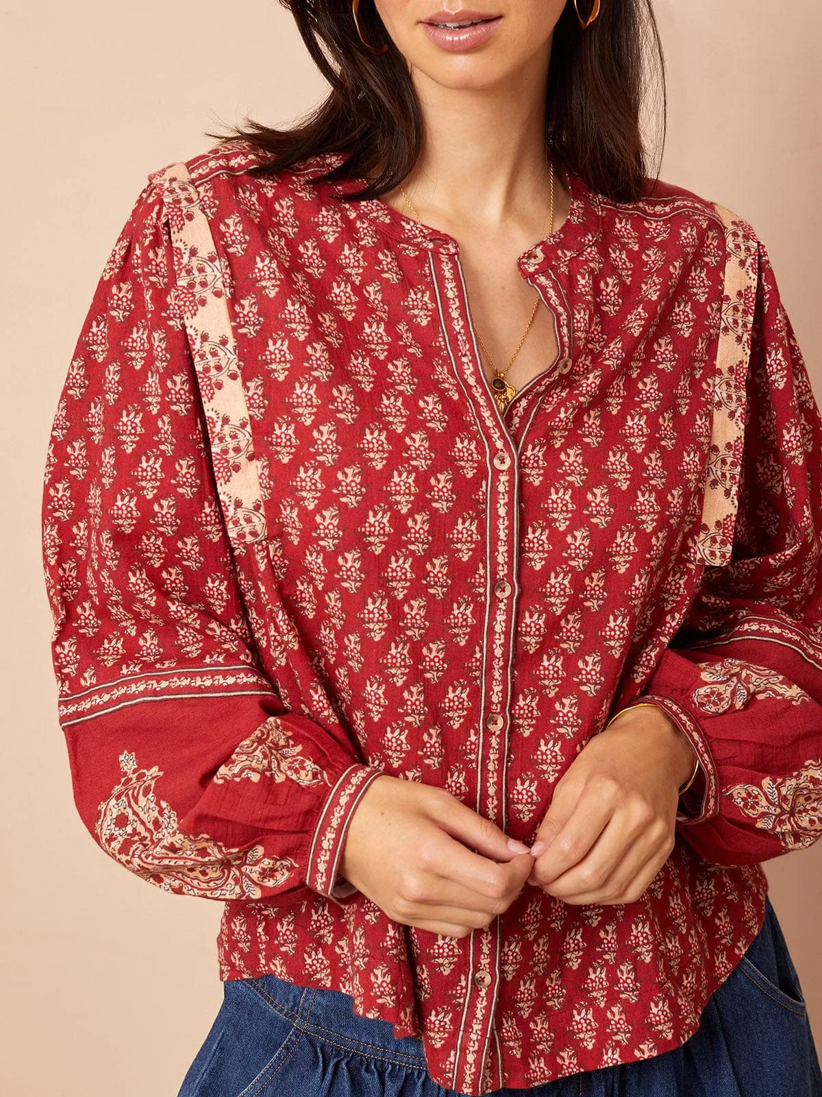 Rhea Button Front Blouse- Moroccan Border Print Red sold by iris product image thumbnail 3