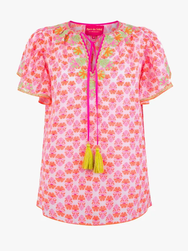 Frill Short Sleeve Blouse - Fuchsia made by iris