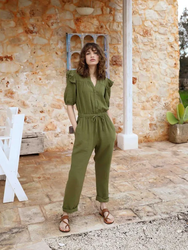 Marlowe Frill Jumpsuit Khaki made by iris