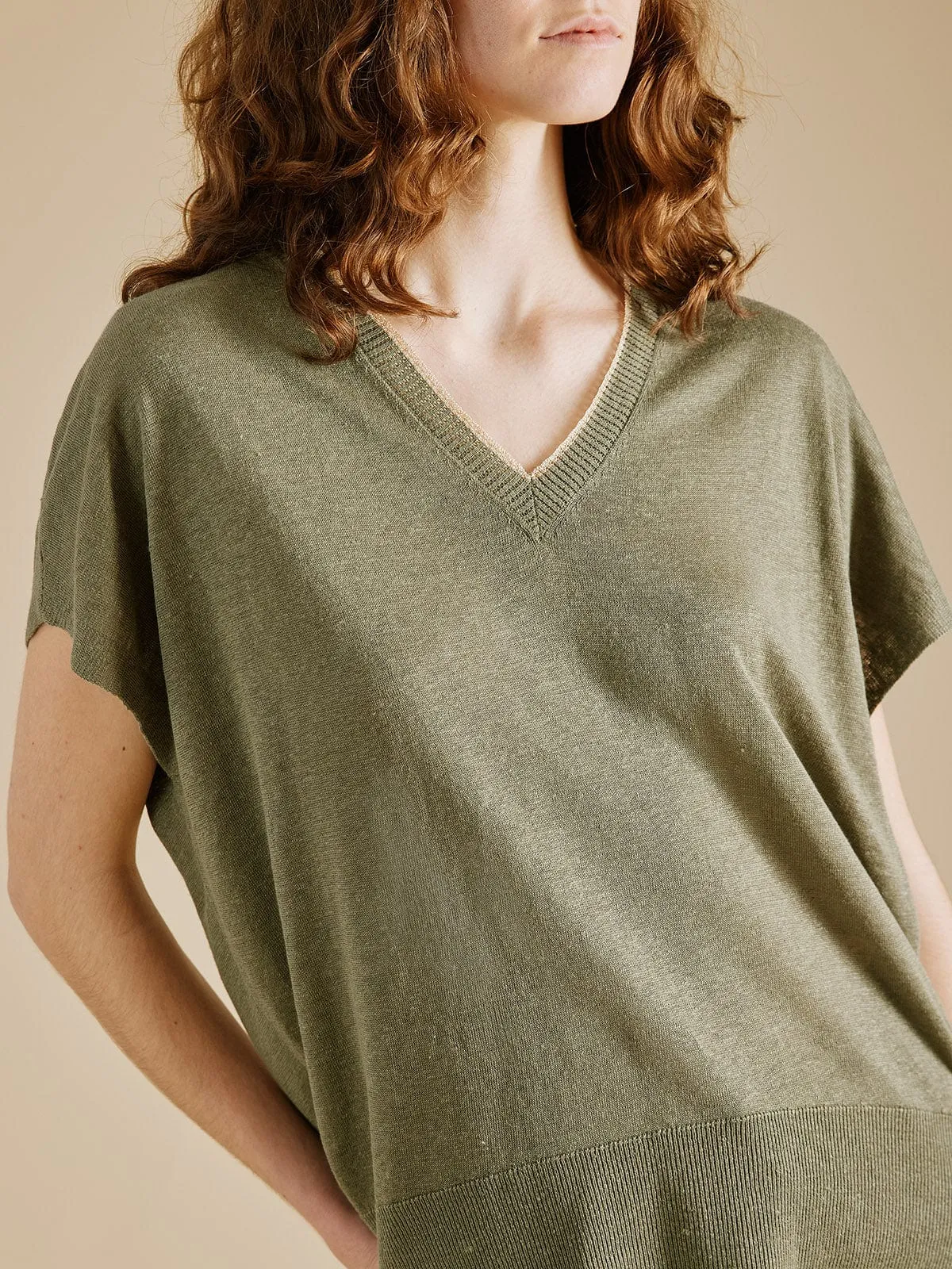 Elsie Linen V Neck Top- Khaki sold by iris product image thumbnail 3
