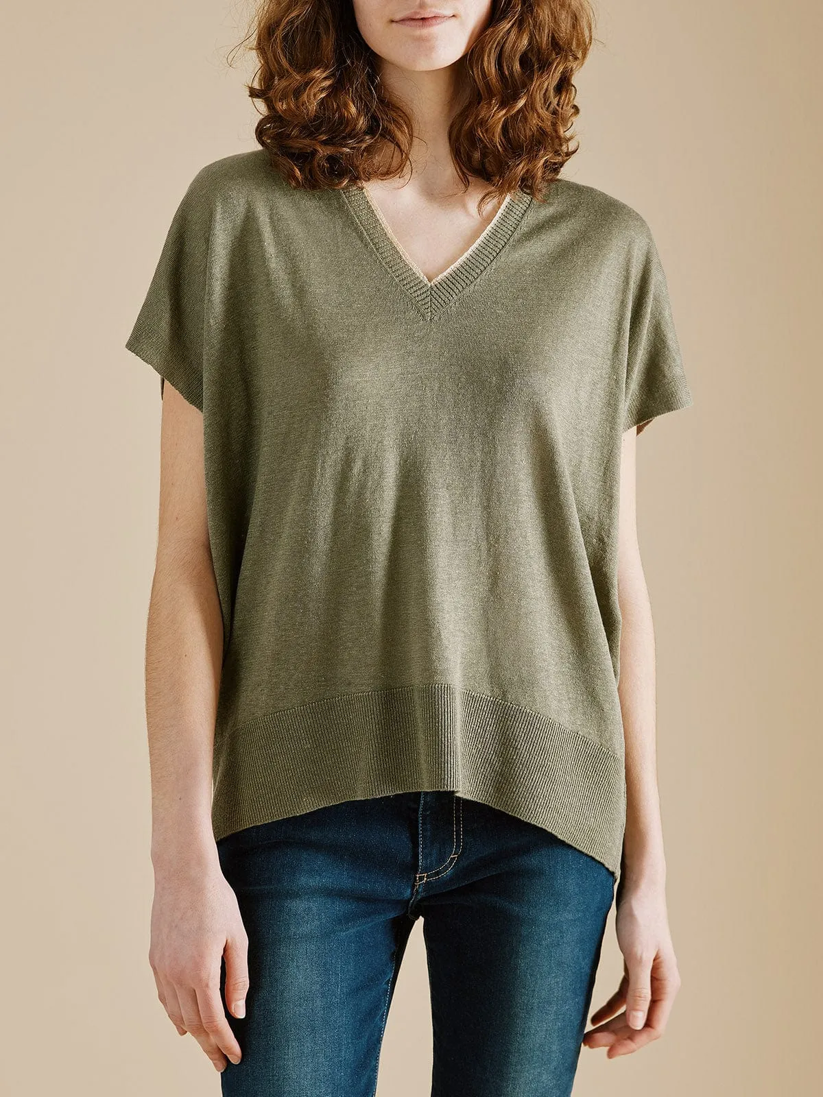 Elsie Linen V Neck Top- Khaki sold by iris product image thumbnail 2