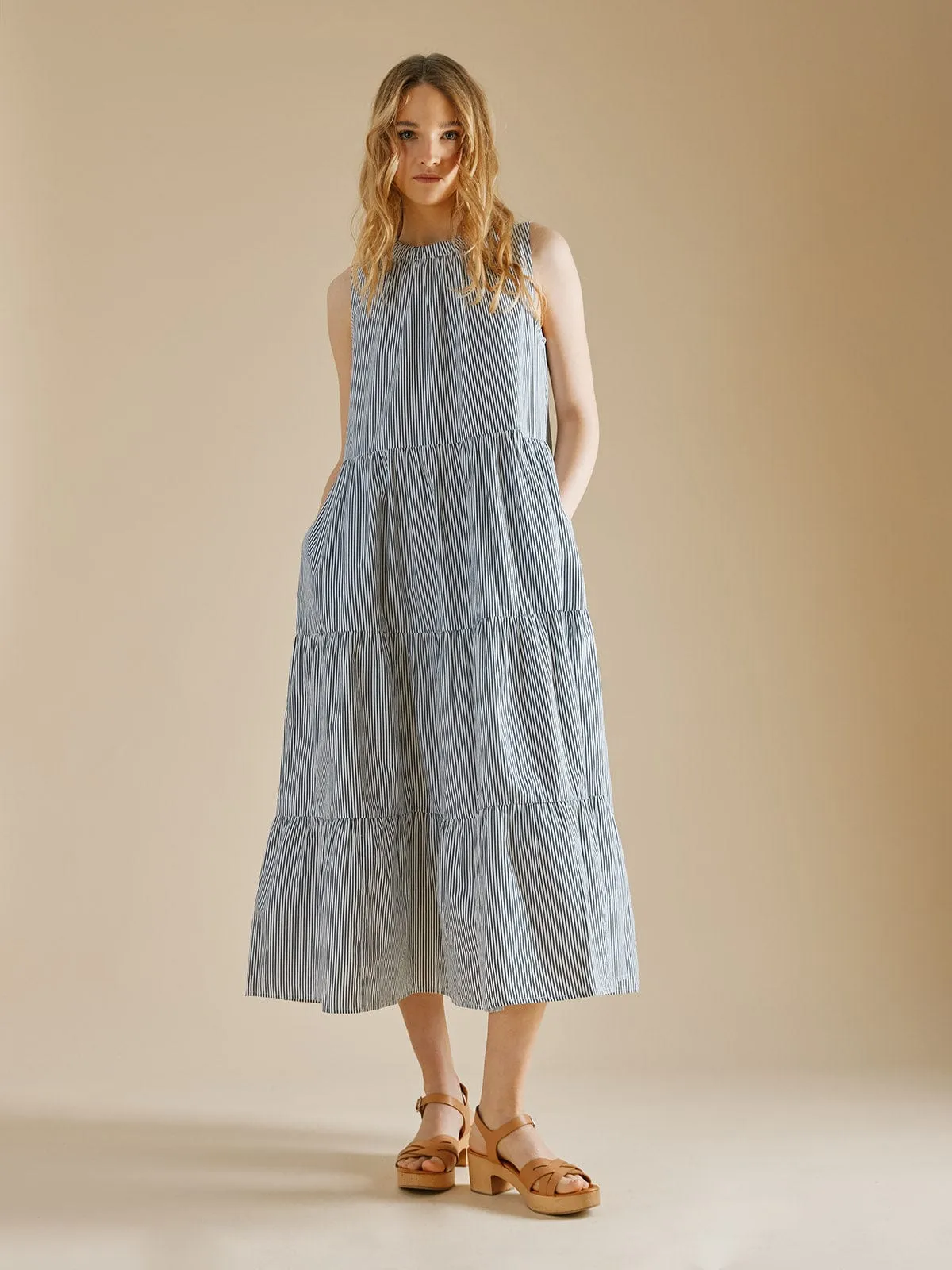 Molly Tie Back Midi Dress – Blue & White sold by iris