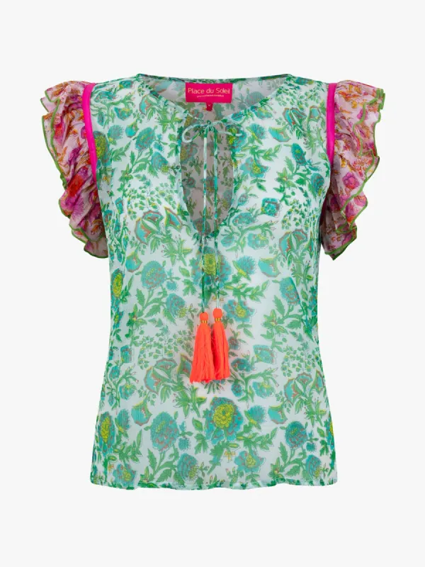 Printed Frill Top - Green made by iris