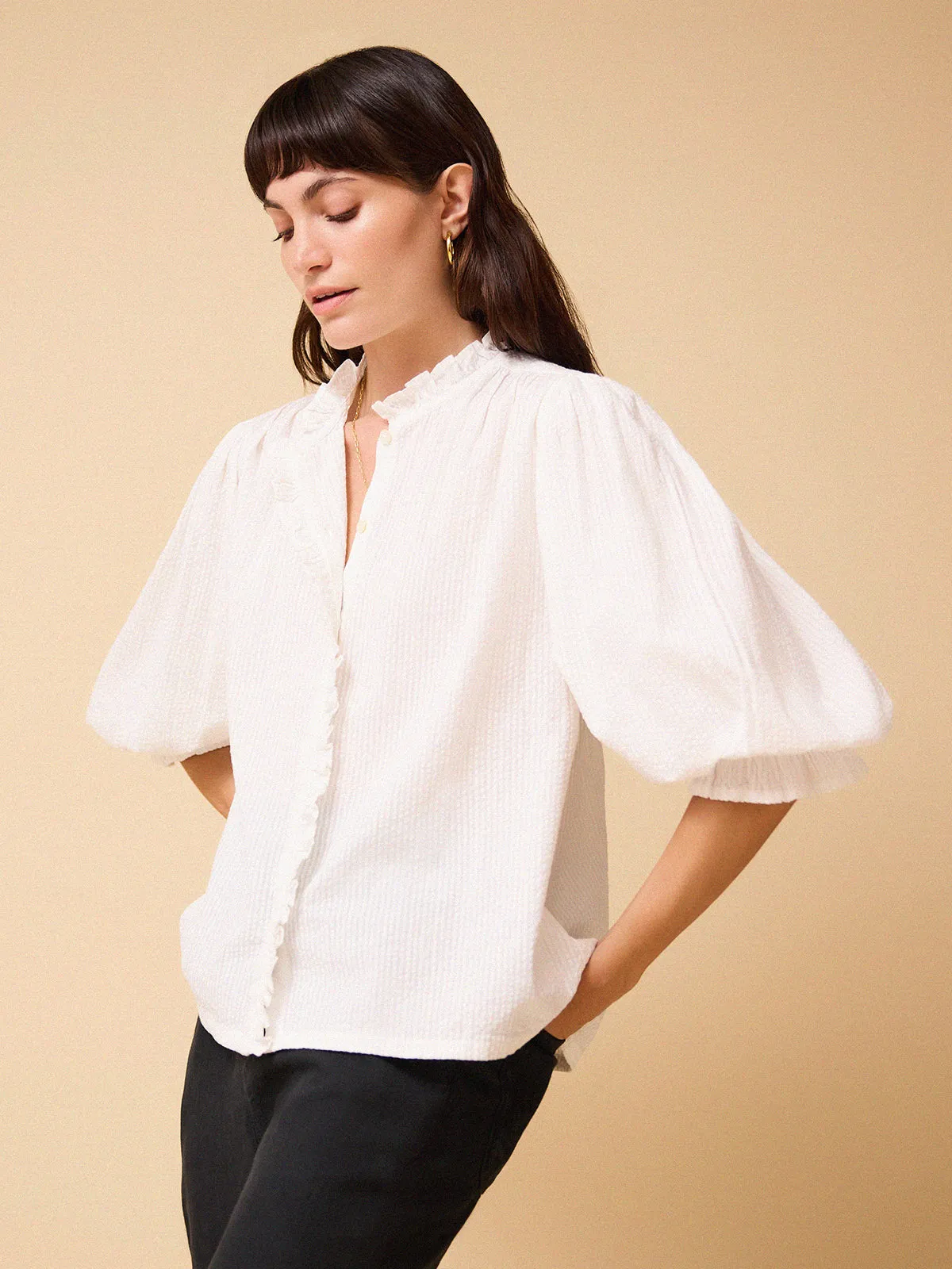 Frankie Ruffle Front Blouse - White sold by iris