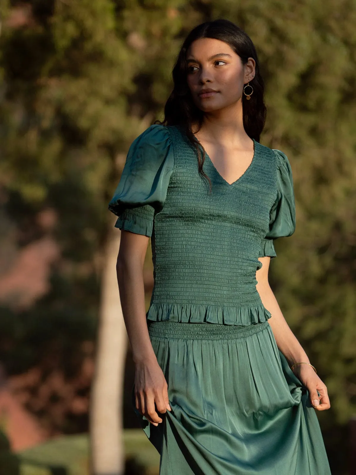 Raya Satin Smocked Top – Sage sold by iris