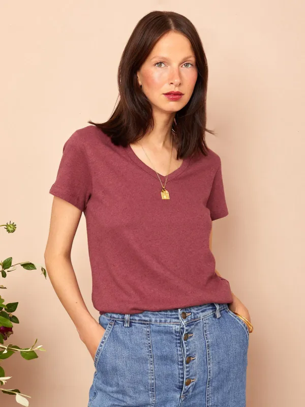 Sophie V neck T-shirt Burgundy made by iris