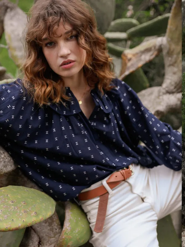 Liberty Ruffle Collar Blouse Navy sold by iris