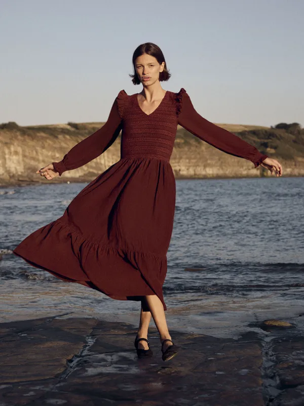 Imogen Smocked Cord Dress – Burgundy made by iris