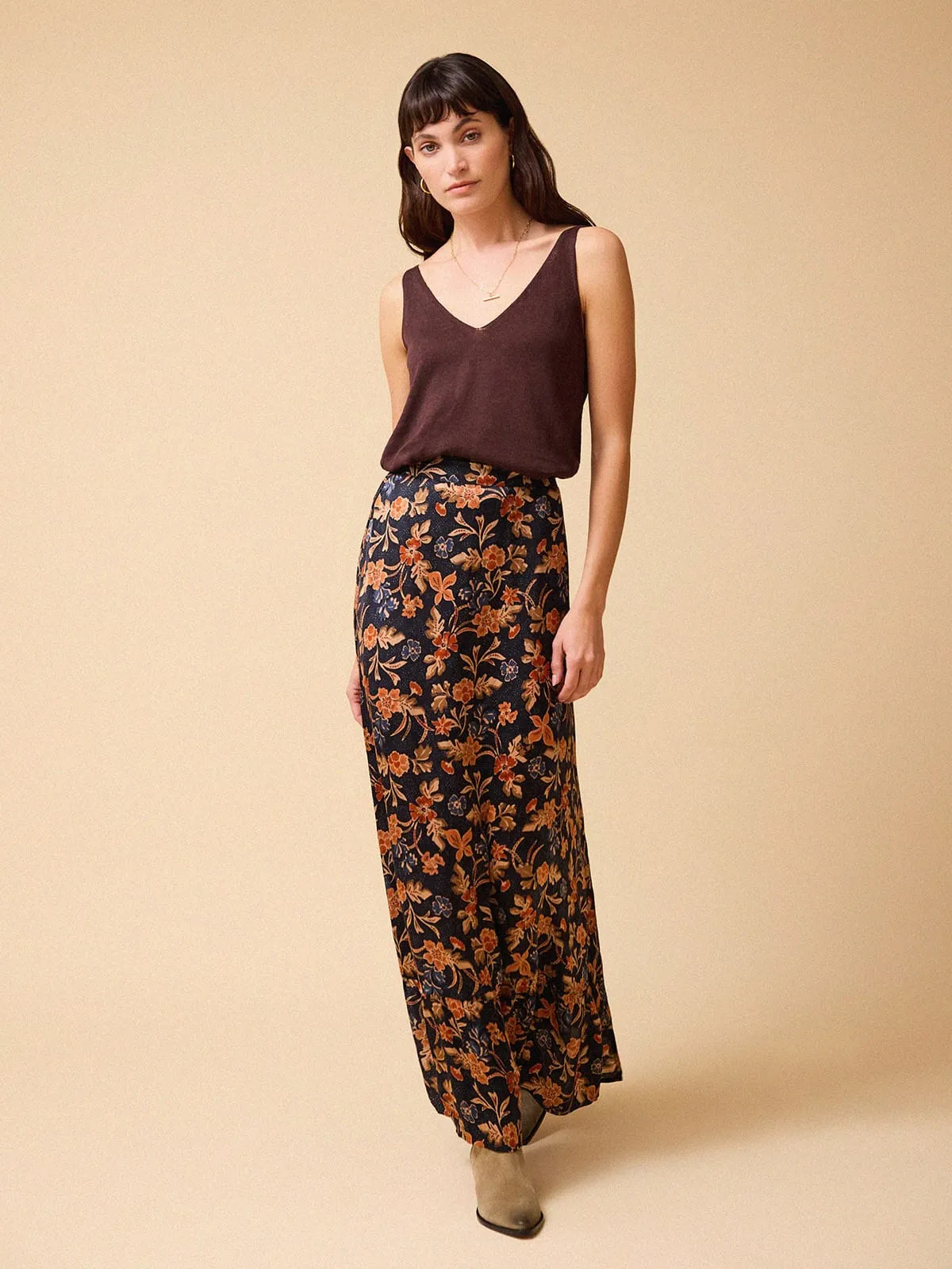 Alice Satin Printed Maxi Skirt – Navy sold by iris