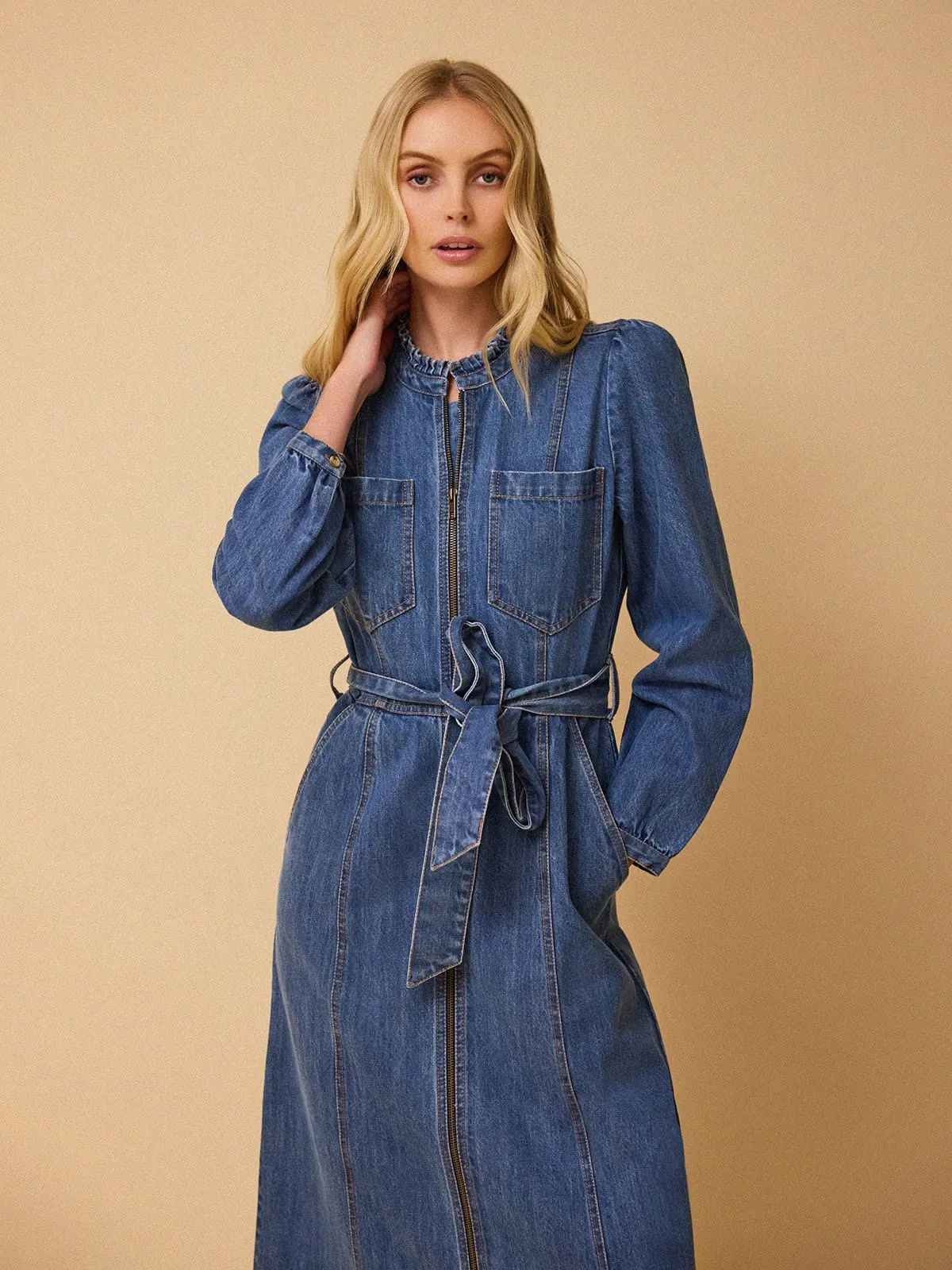 Asher Zip Denim Dress - Blue sold by iris