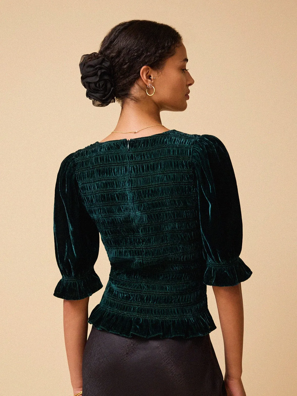 Raya Velvet Smocked Top - Green sold by iris product image thumbnail 3