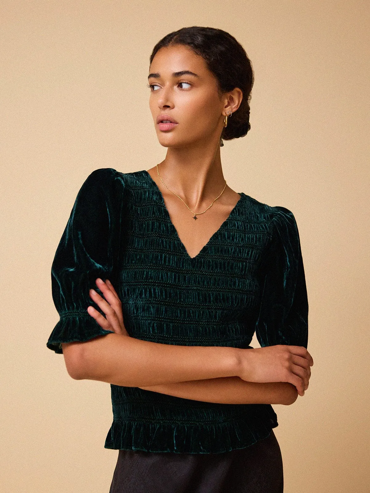 Raya Velvet Smocked Top - Green sold by iris