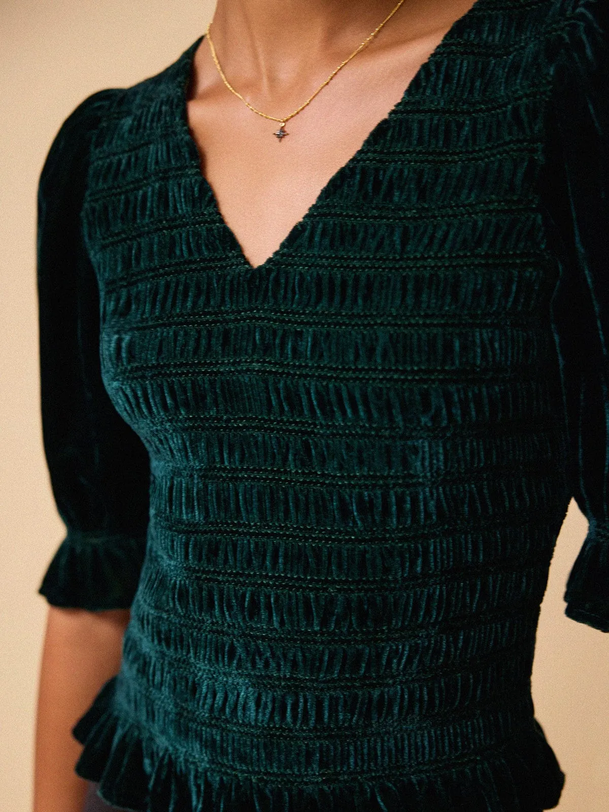 Raya Velvet Smocked Top - Green sold by iris product image thumbnail 2
