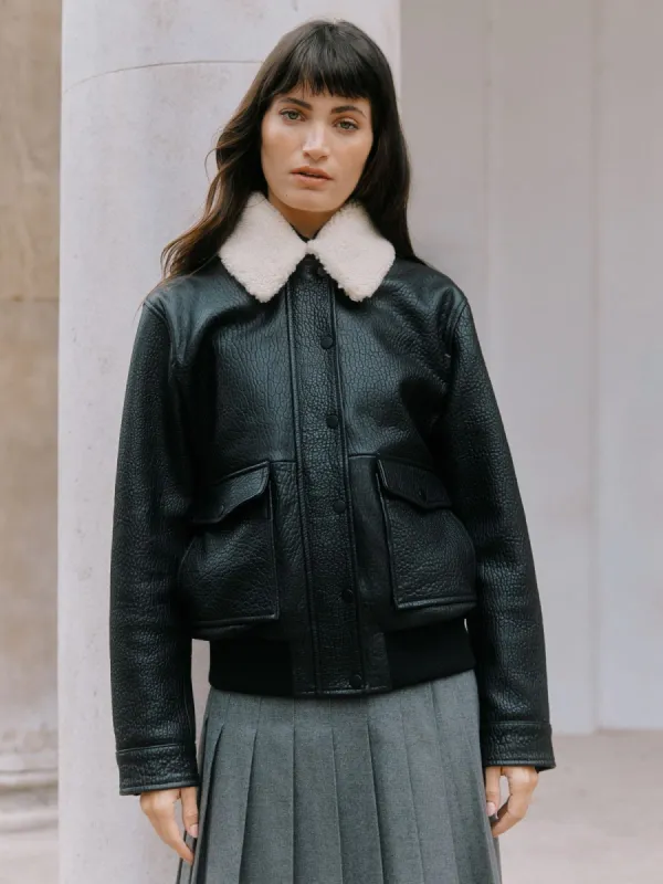 Detachable Collar Leather Bomber - Black made by iris