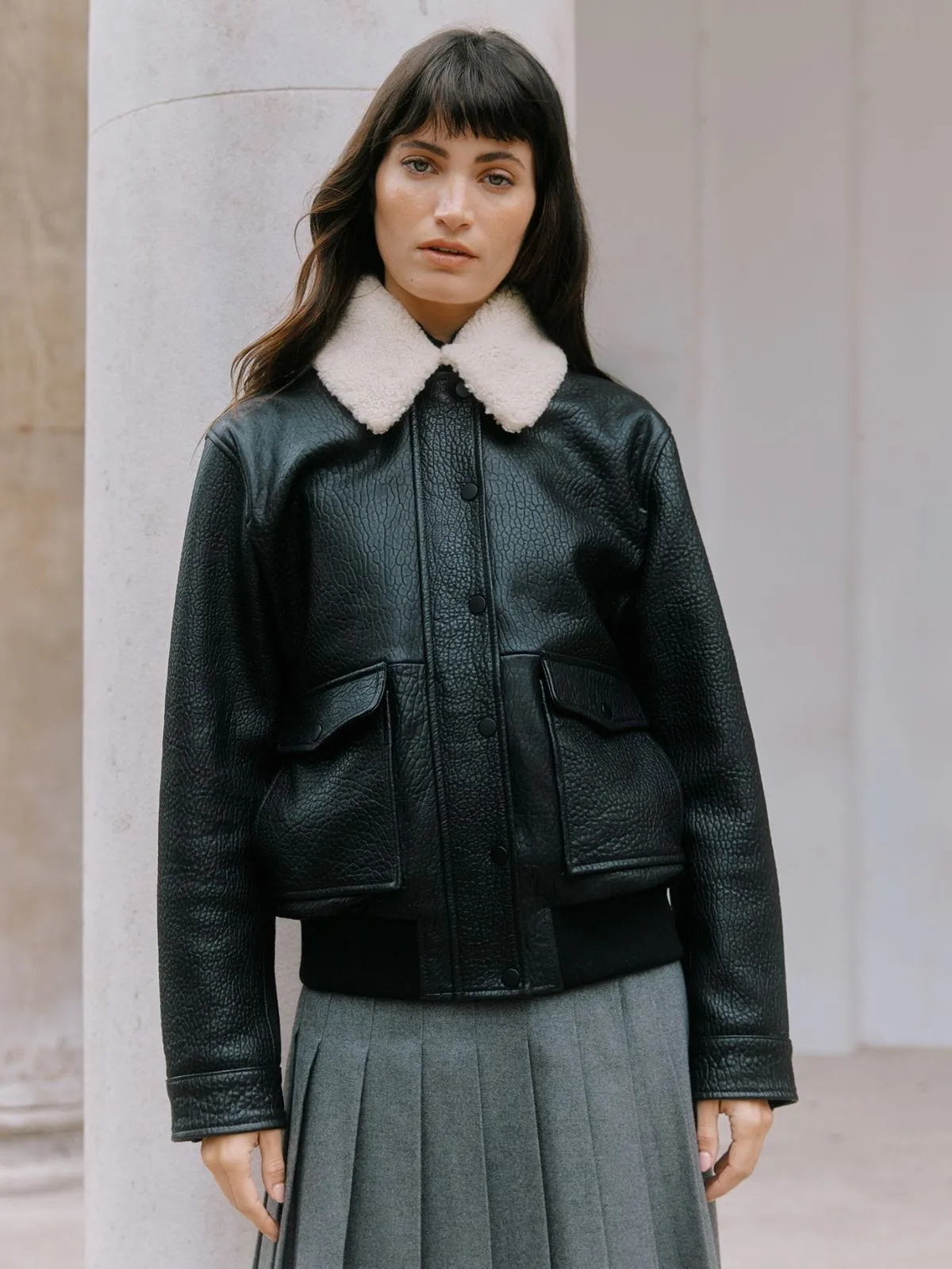 Detachable Collar Leather Bomber - Black sold by iris