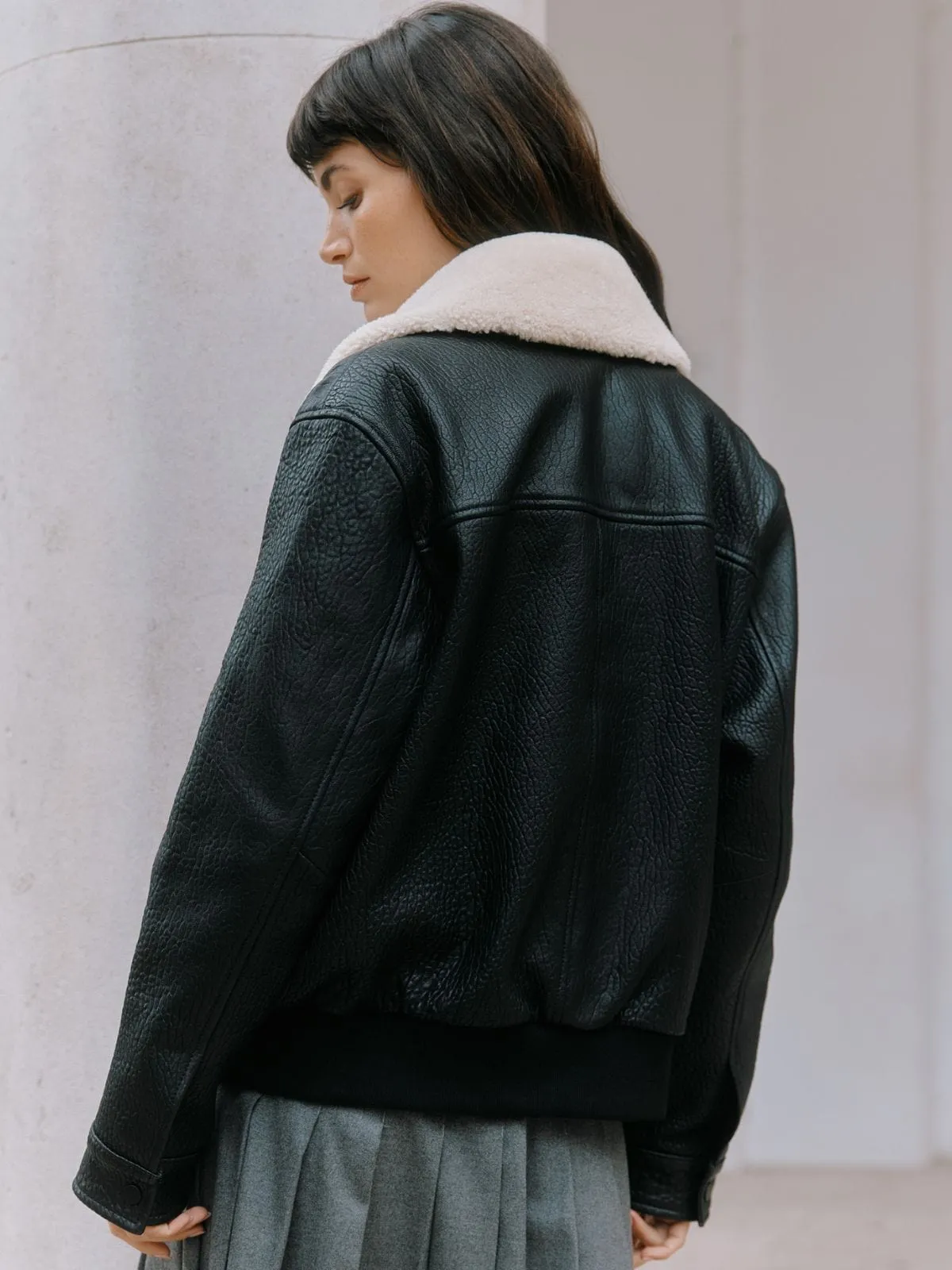 Detachable Collar Leather Bomber - Black sold by iris product image thumbnail 5