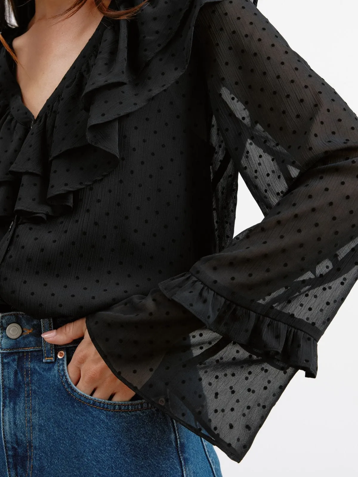 Flocked Spot Ruffle Blouse - Black sold by iris product image thumbnail 5