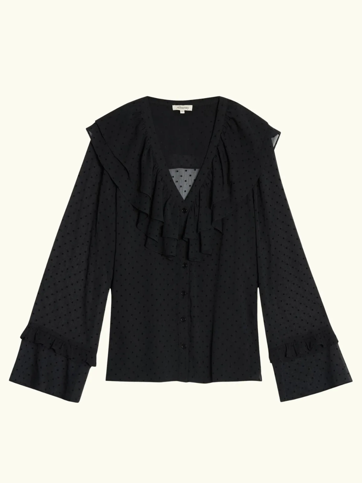 Flocked Spot Ruffle Blouse - Black sold by iris product image thumbnail 2