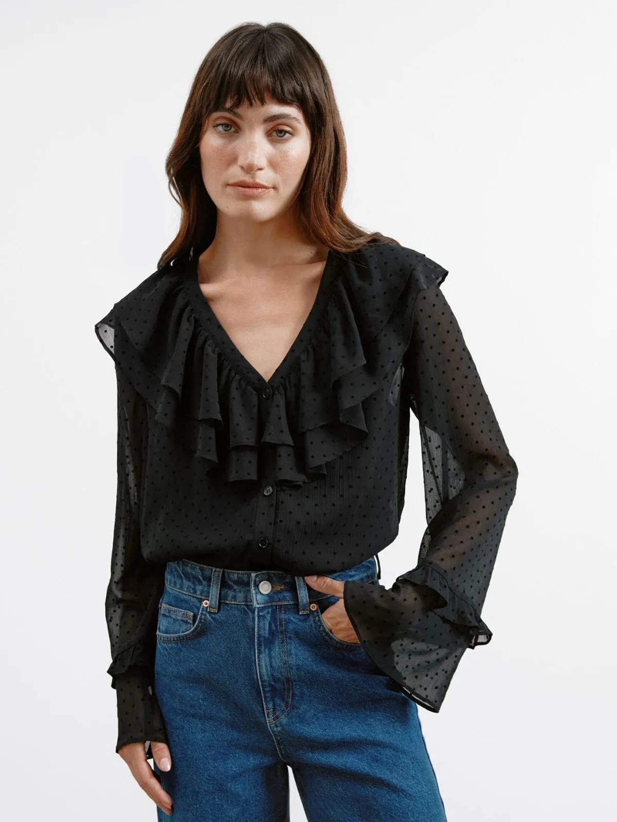 Flocked Spot Ruffle Blouse - Black sold by iris product image thumbnail 3