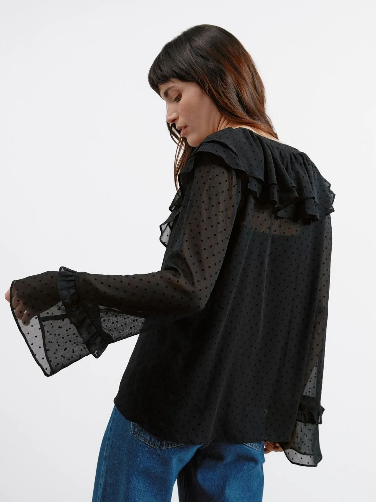 Flocked Spot Ruffle Blouse - Black sold by iris product image thumbnail 4