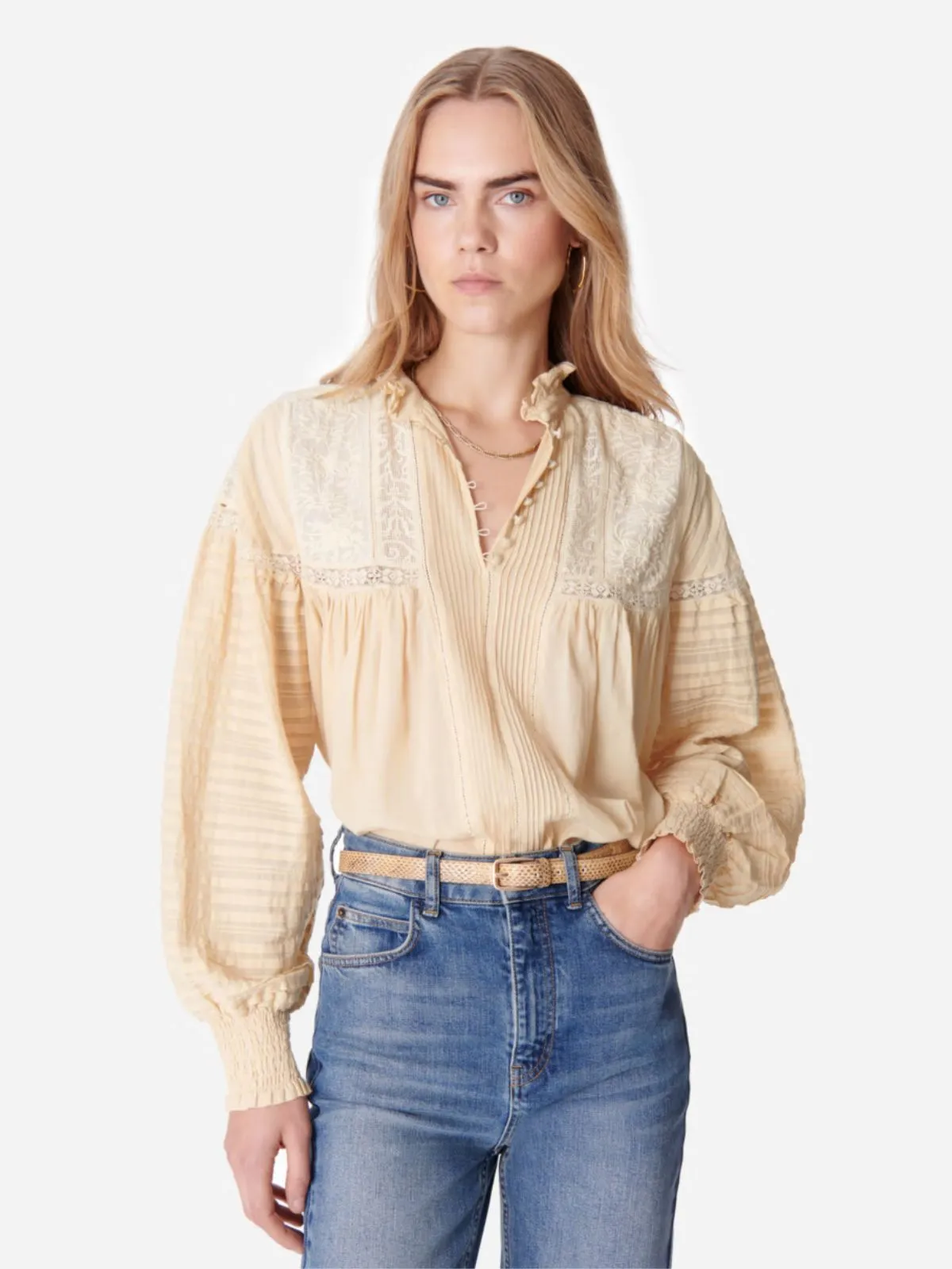 Dahlia High Neck Embroidered Blouse - Beige sold by iris