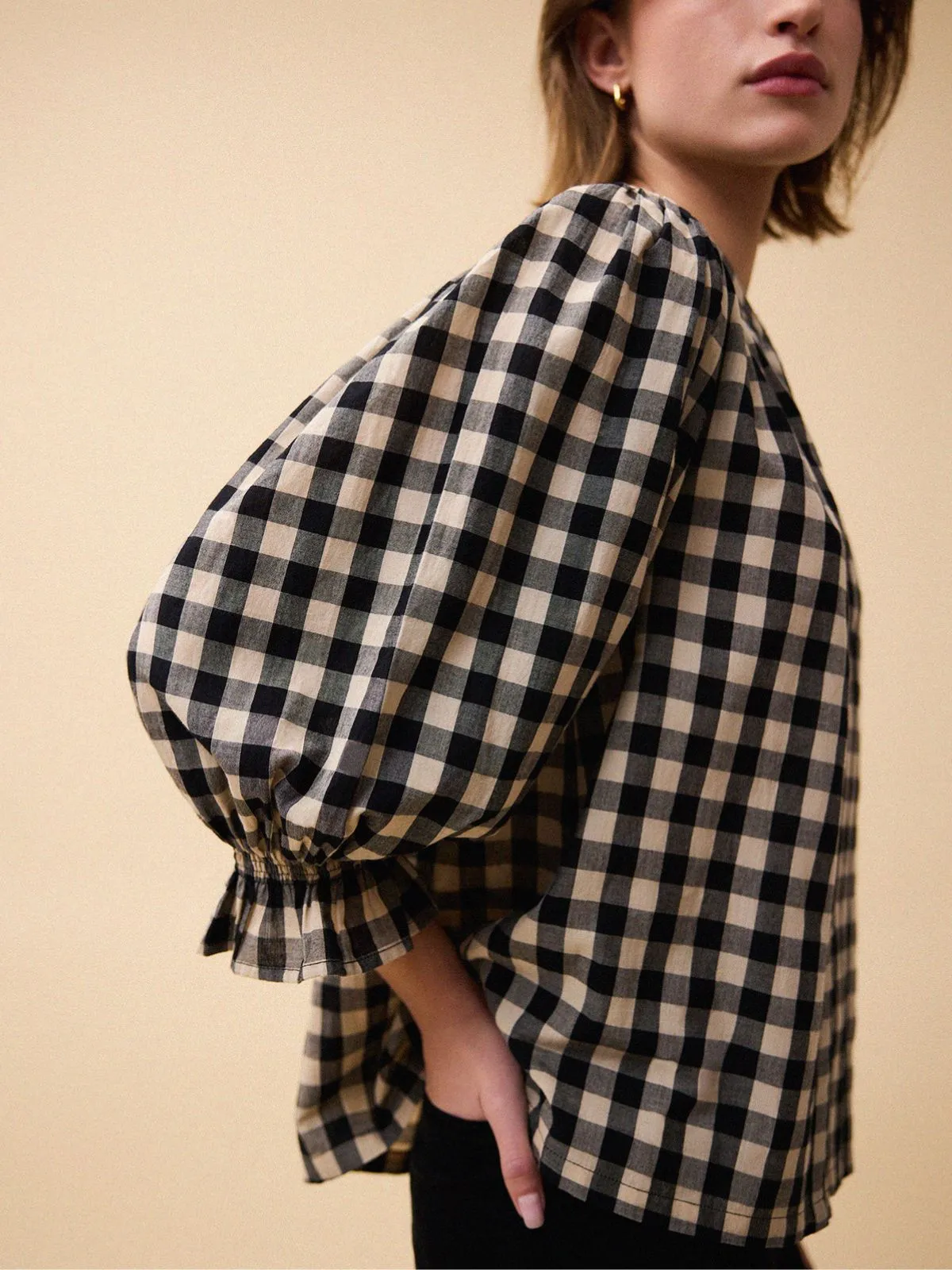 Jamie Big Check Blouse - Black & Beige sold by iris