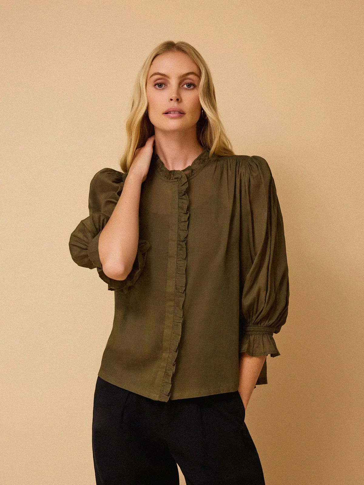 Frankie Voile Ruffle Blouse - Khaki sold by iris