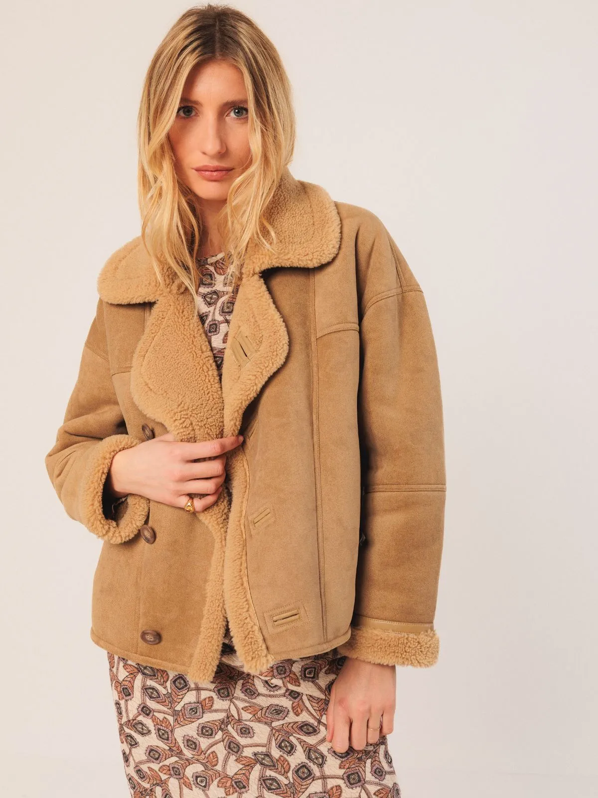Short Shearling Style Coat - Sand sold by iris