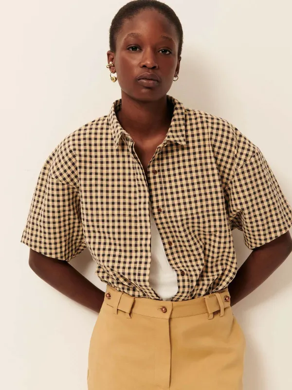 Florentina Check Ballon Sleeves Shirt - Sandblack made by Sessun