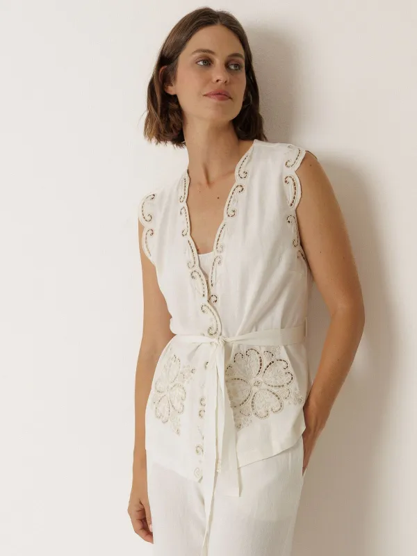Embroidered Belted Vest - Ecru made by Indi & Cold