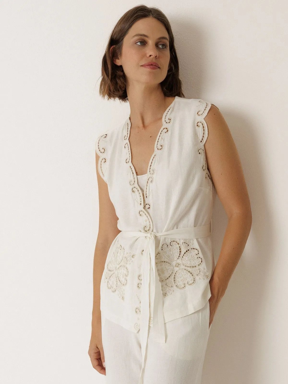 Embroidered Belted Vest - Ecru sold by iris