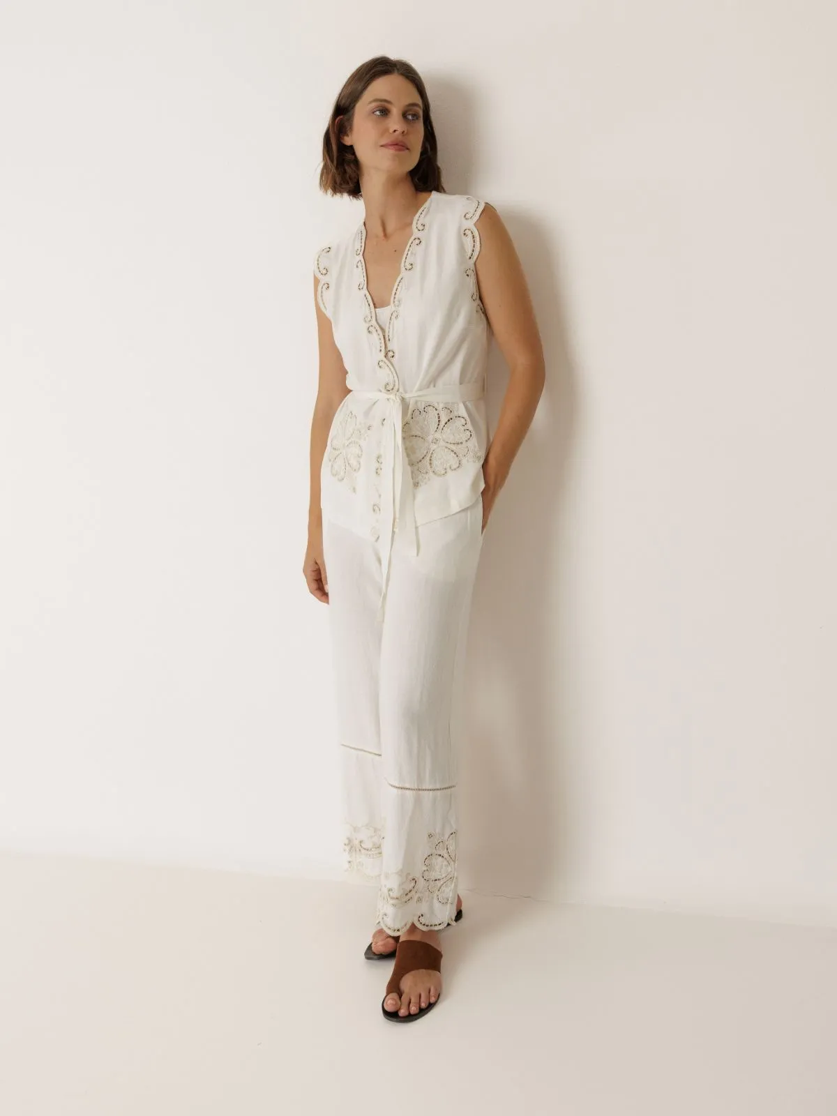 Embroidered Belted Vest - Ecru sold by iris product image thumbnail 4