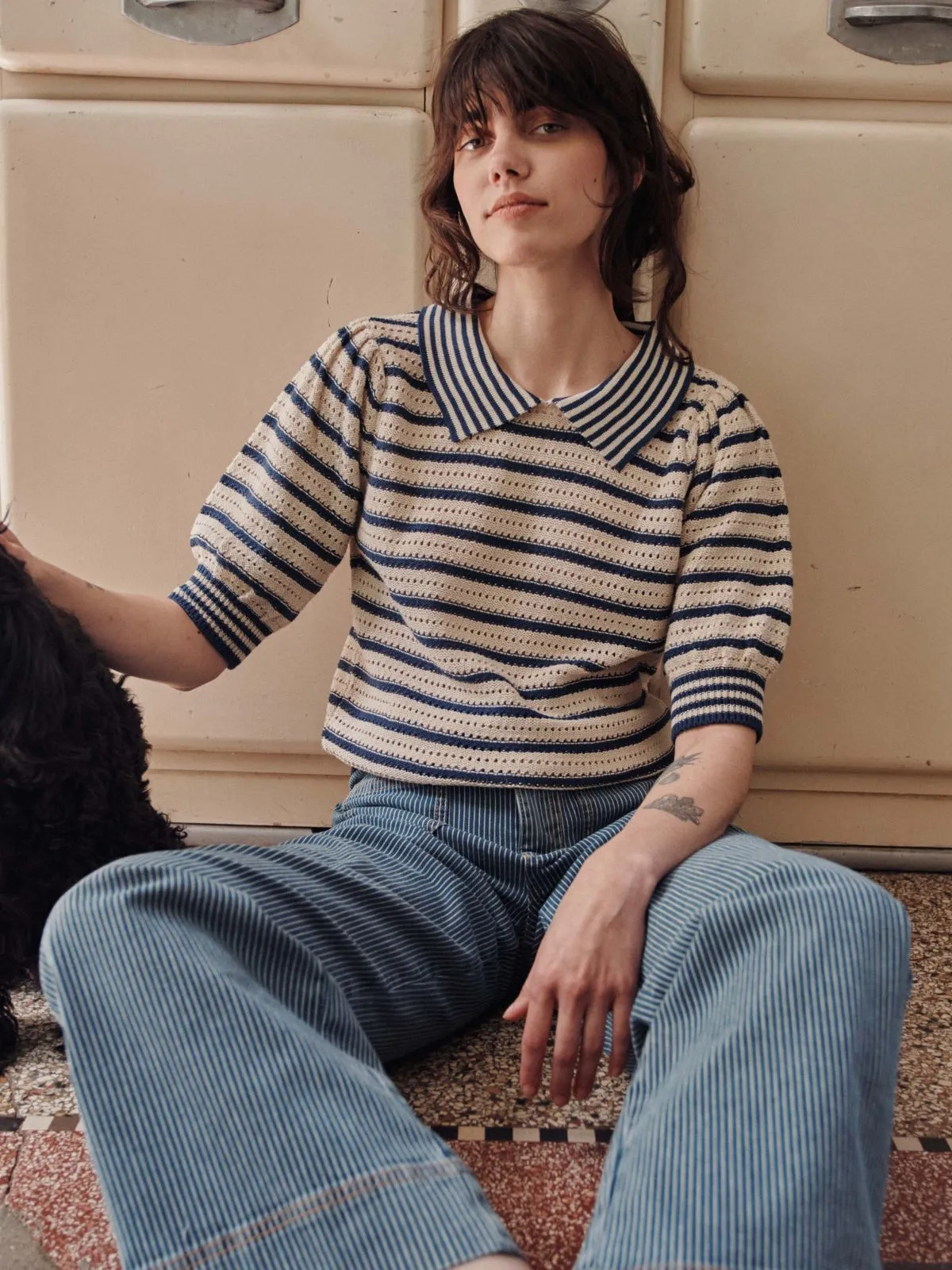 Dauphin Polo Stripe Knit - Cream & Blue sold by iris