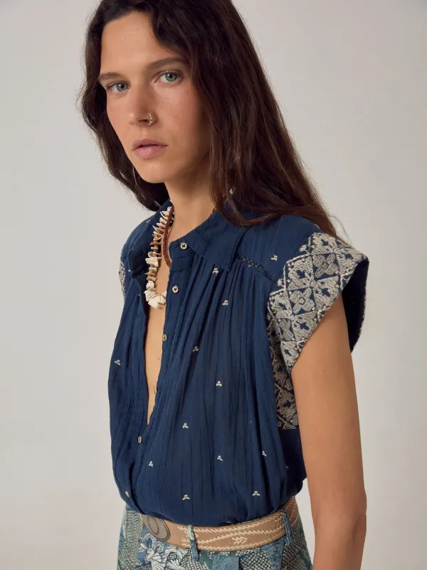Karina Embroidered Shirt - indigo made by Maison Hotel
