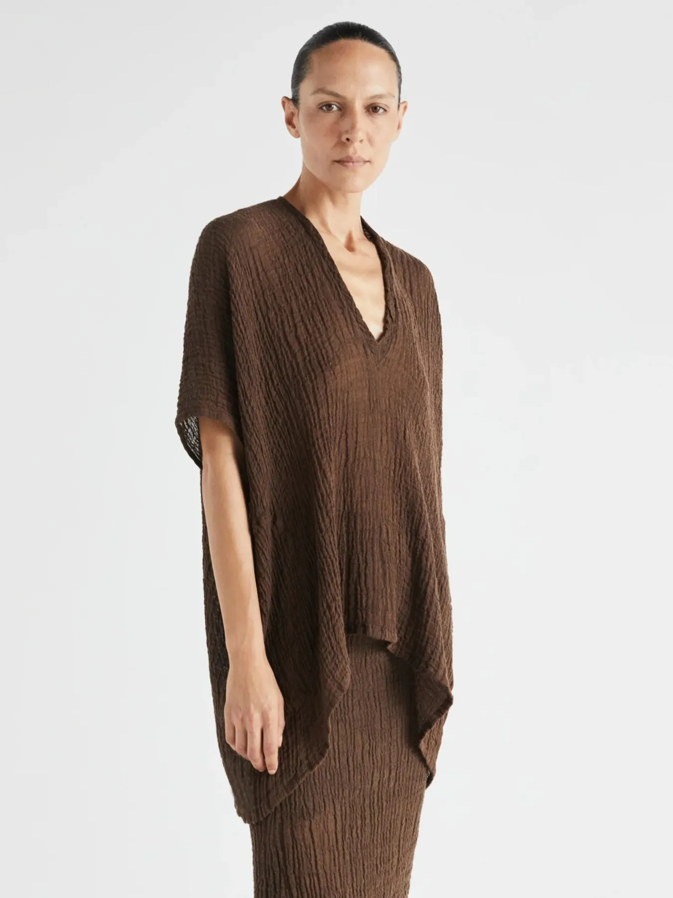 Indo Crinkle V- Neck Top - Brown sold by iris