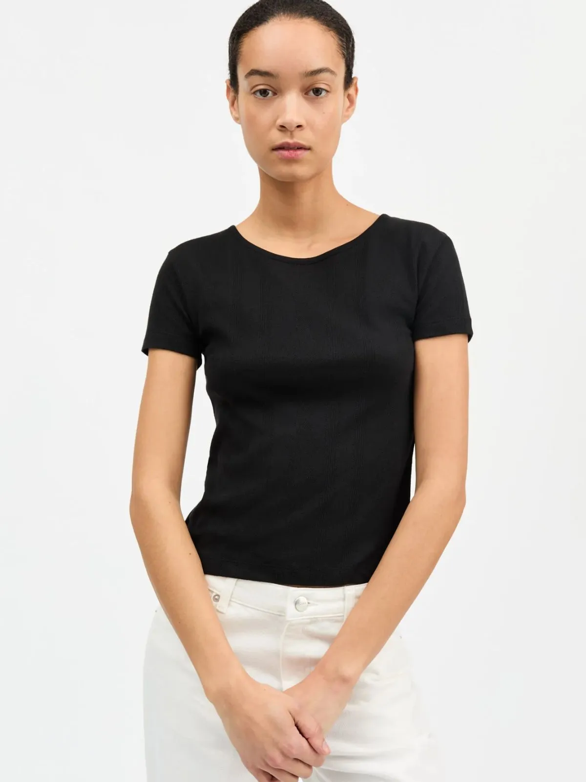 Anna Pointelle T- Shirt - Black sold by iris