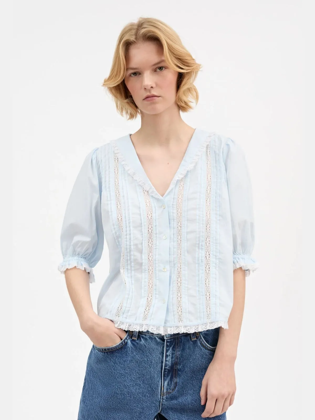 Magnolia Lace Insert Blouse - Light Blue sold by iris