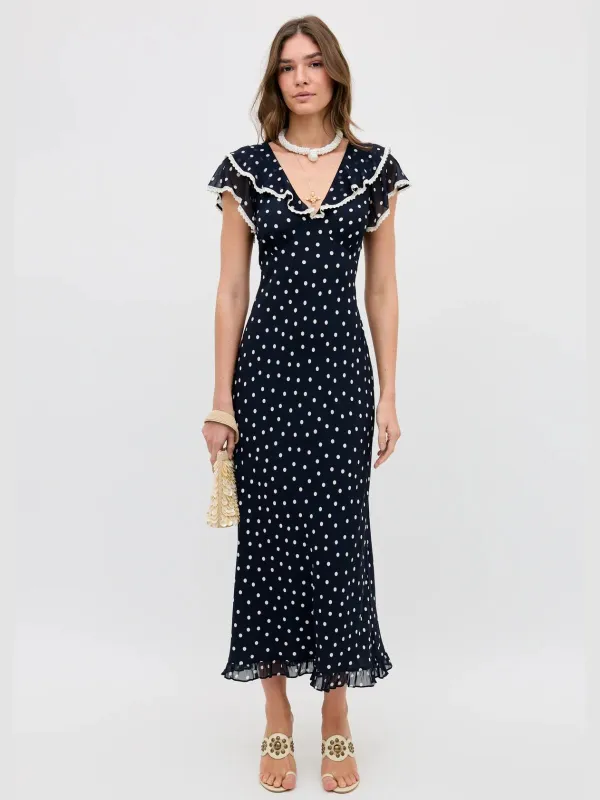 Bethea Layla Dot Midi Dress- Navy made by RIXO